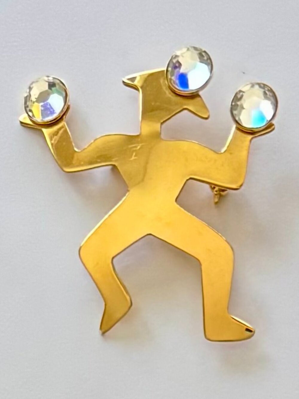 Vintage Modernist Juggler Brooch Gold Tone Clear Rhinestones Figural Pin, FUN!